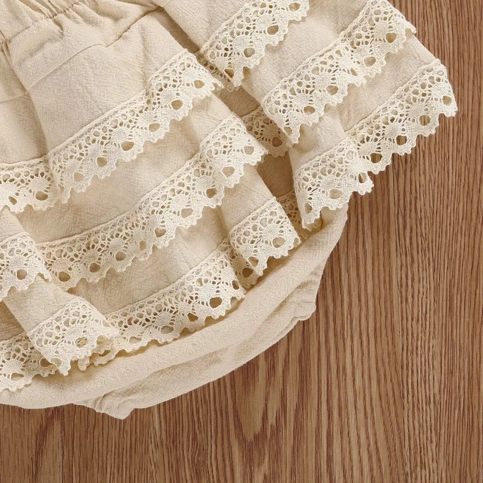 Girls beige cotton lace sleeveless shorts two-piece skirt suit for 70-110cm height