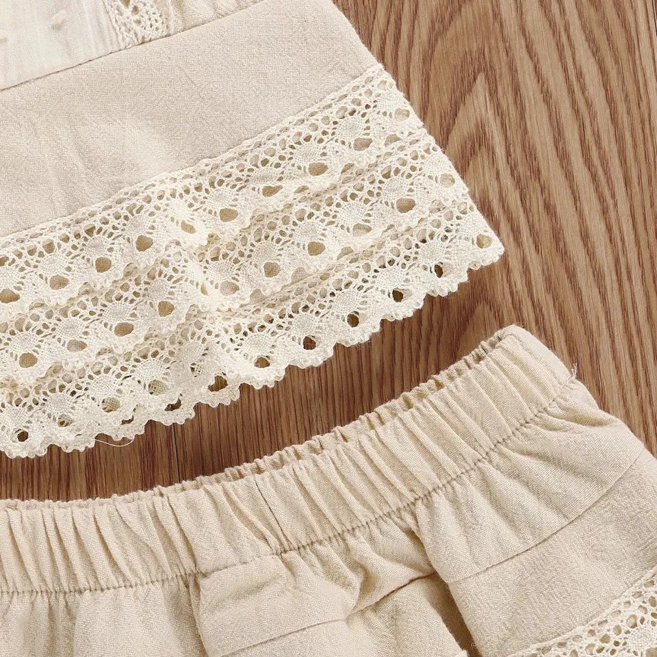 Girls beige cotton lace sleeveless shorts two-piece skirt suit for 70-110cm height