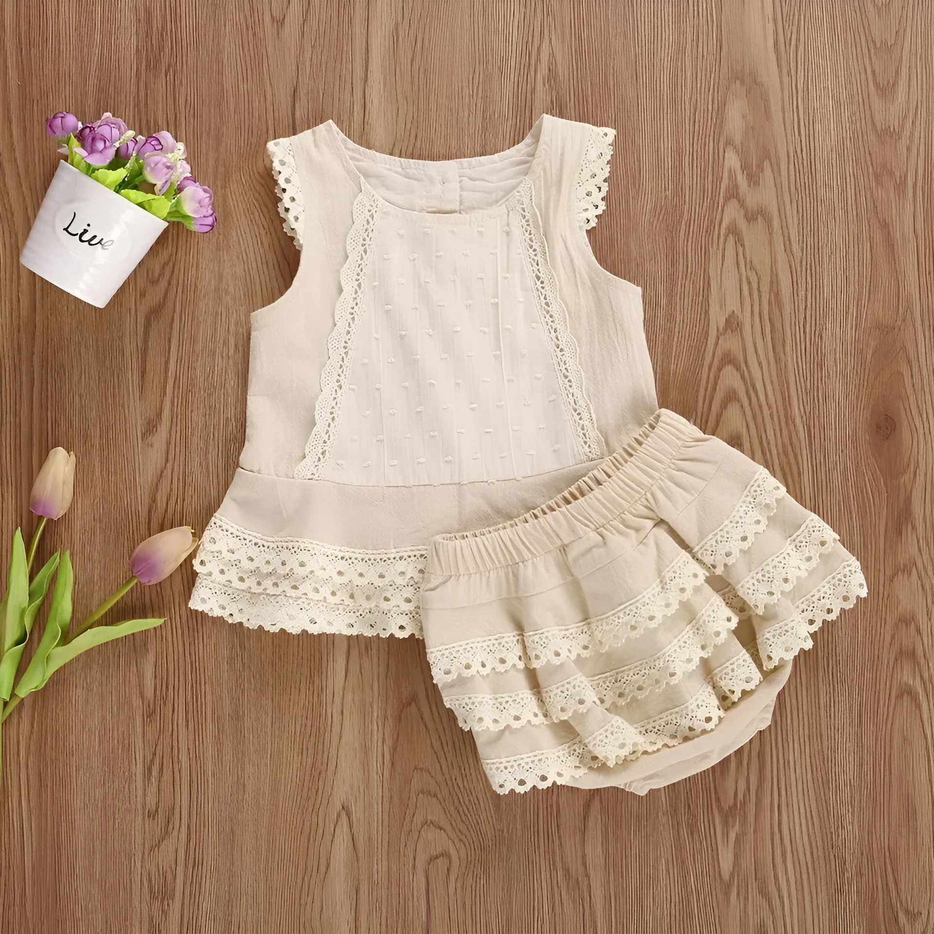 Girls beige cotton lace sleeveless shorts two-piece skirt suit for 70-110cm height