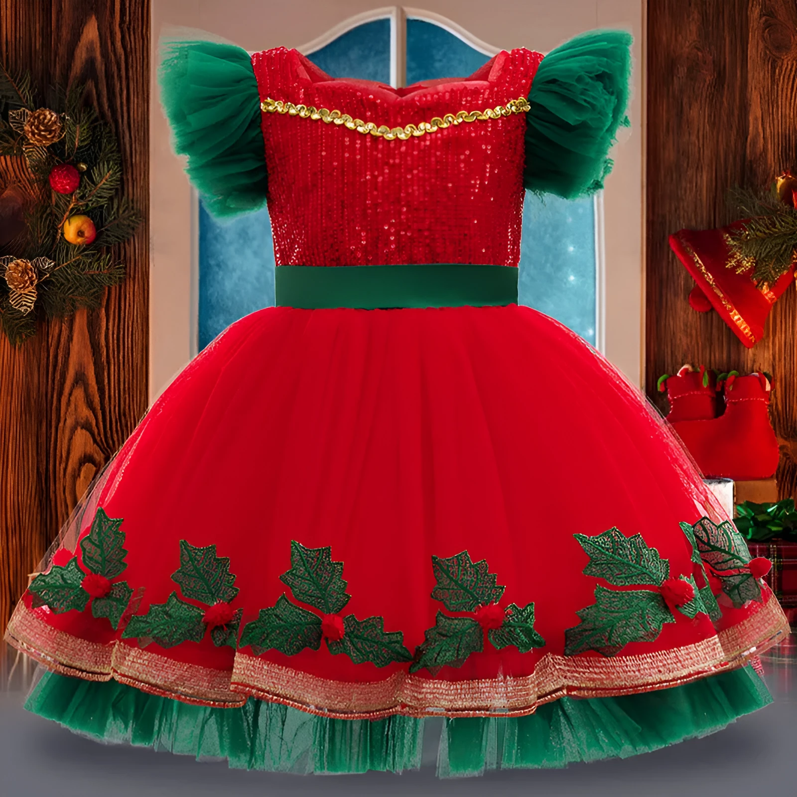 Children's colour-blocking princess dress with lace in D1557 red, suitable height 100-150cm, polyester fabric