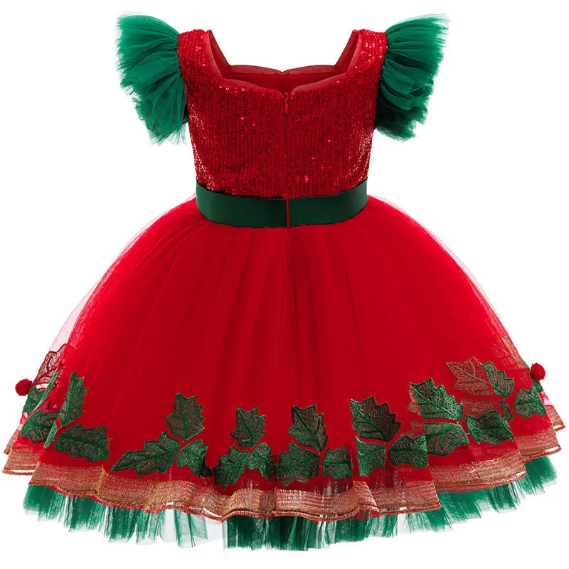 Children's colour-blocking princess dress with lace in D1557 red, suitable height 100-150cm, polyester fabric