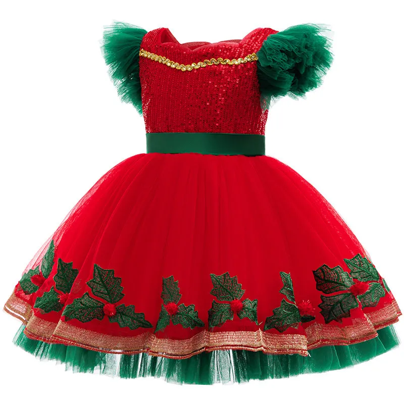Children's colour-blocking princess dress with lace in D1557 red, suitable height 100-150cm, polyester fabric
