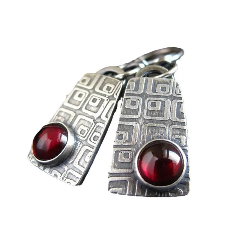 Retro geometric square inlaid ruby earrings in silver alloy for women