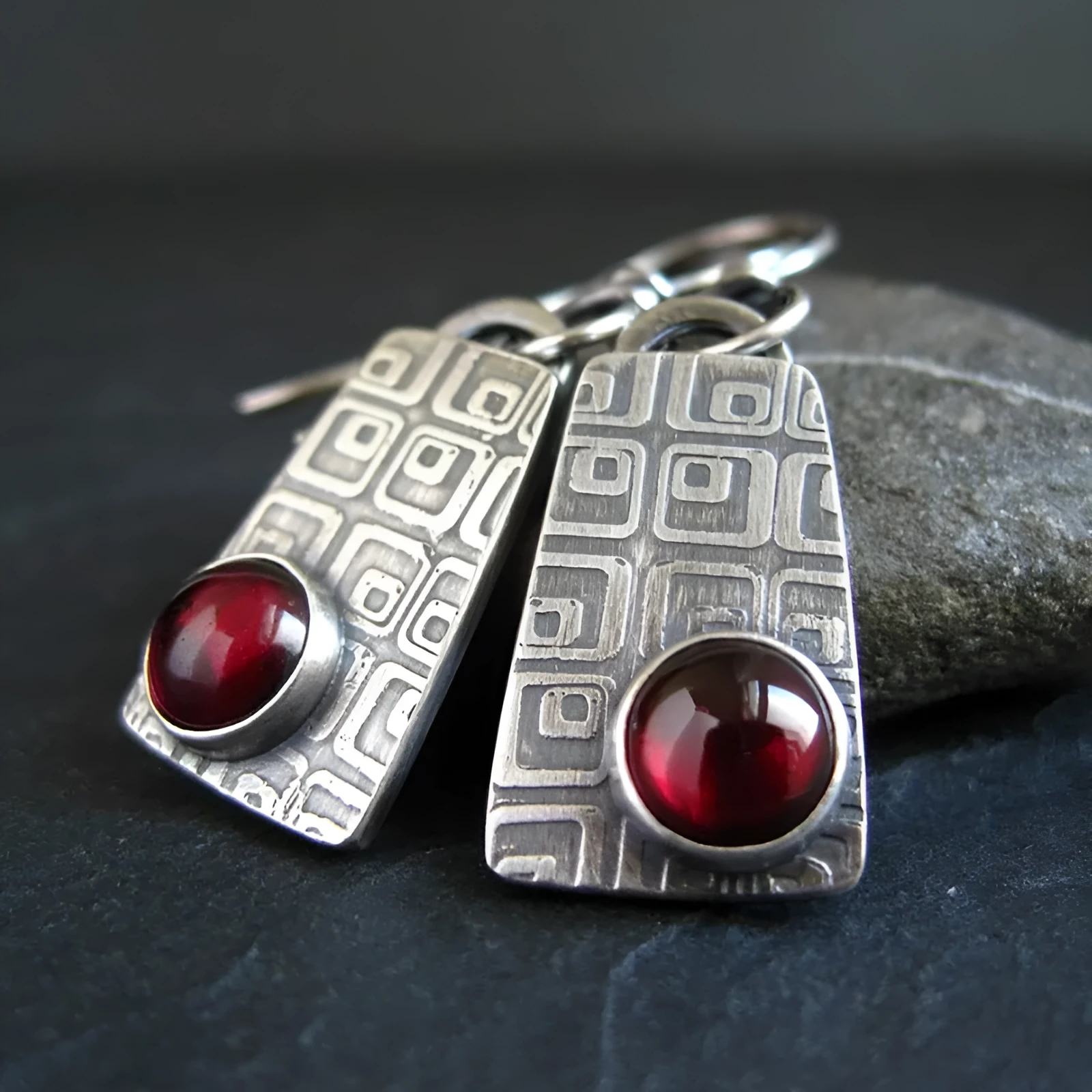 Retro geometric square inlaid ruby earrings in silver alloy for women