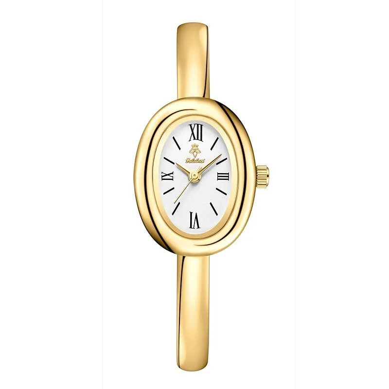 Women's gold and silver oval retro quartz watch with spiral patterns on a 8mm thick case.