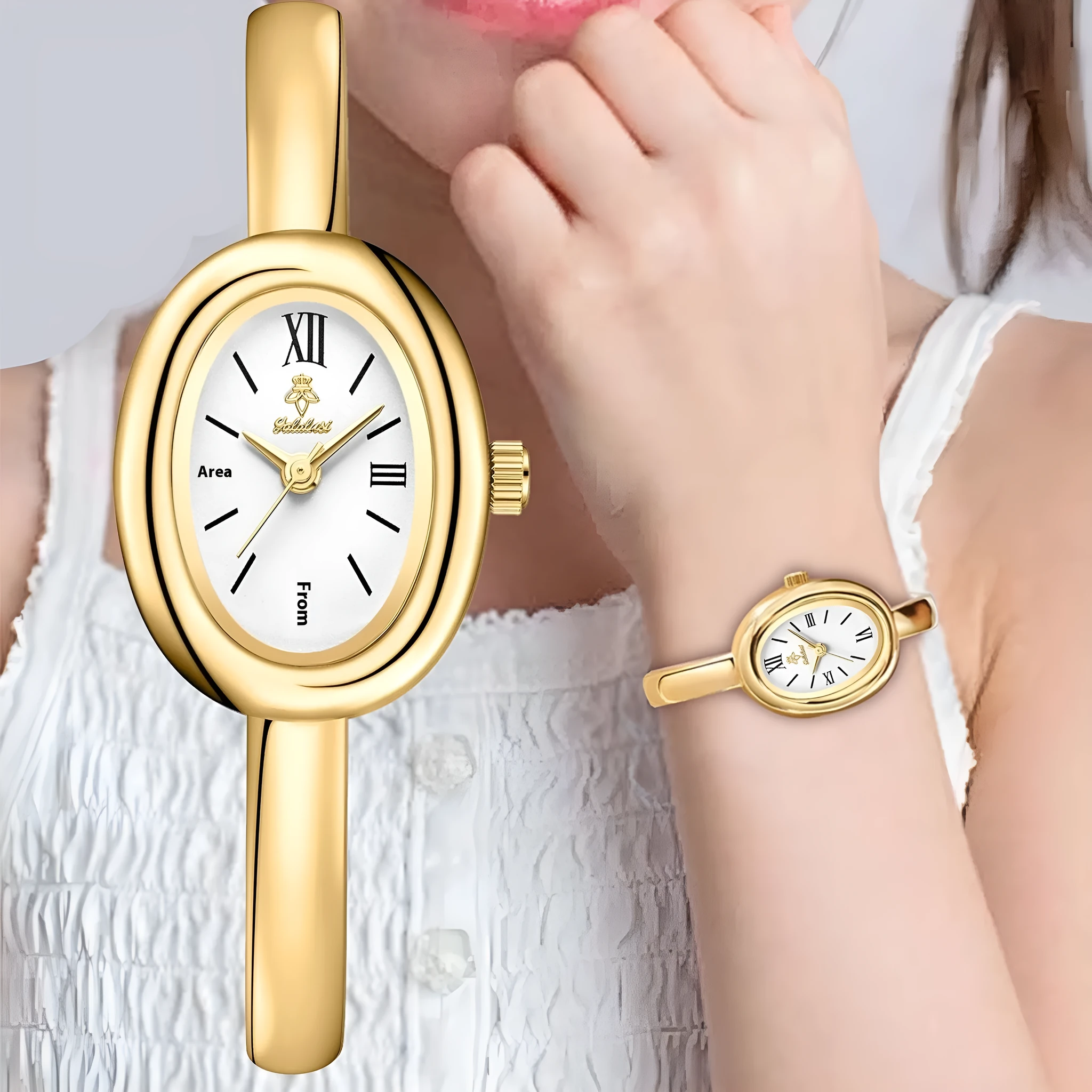 Women's gold and silver oval retro quartz watch with spiral patterns on a 8mm thick case.