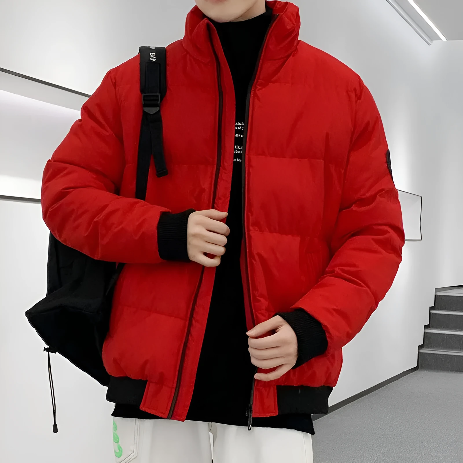 Thick cotton-padded jacket for men in black, cardigan style, loose fit, polyester fabric, sizes M-5XL