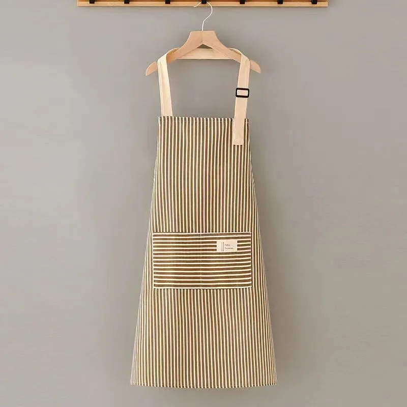 Linen stripe apron in green, one size, anti-stain kitchen apron for household chores