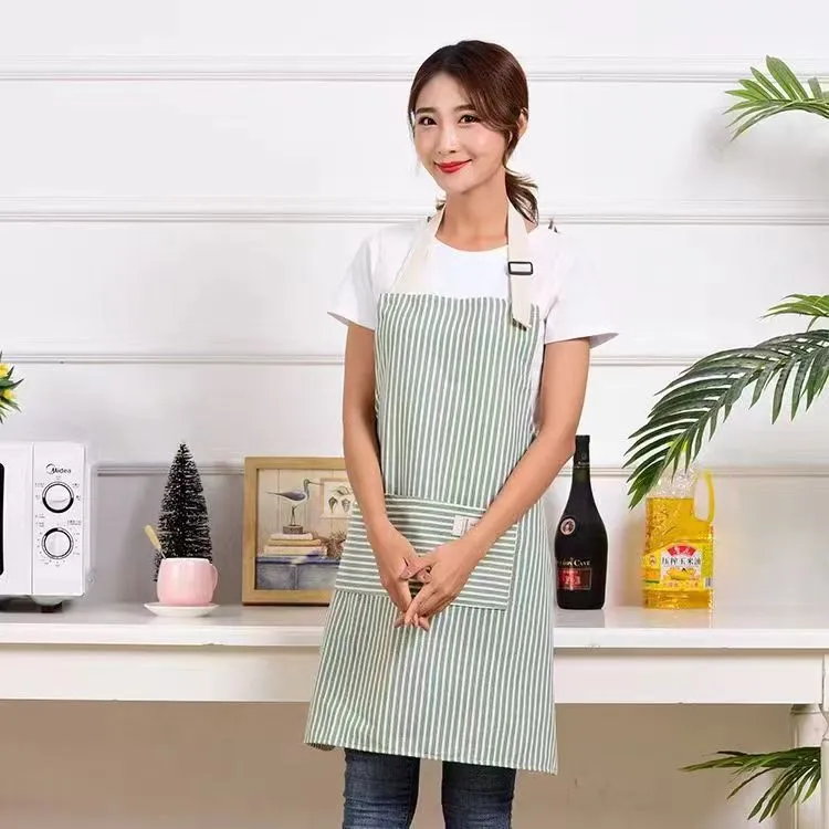 Linen stripe apron in green, one size, anti-stain kitchen apron for household chores