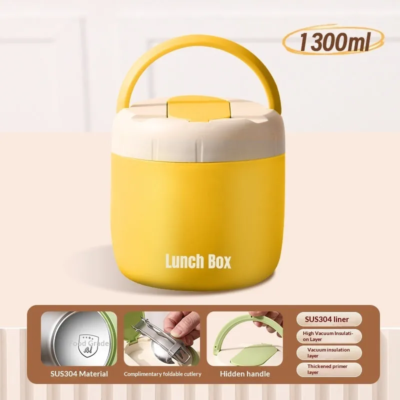 304 Stainless Steel Insulated Lunch Box 1.3L round shape in Beige with lid and insulated bag