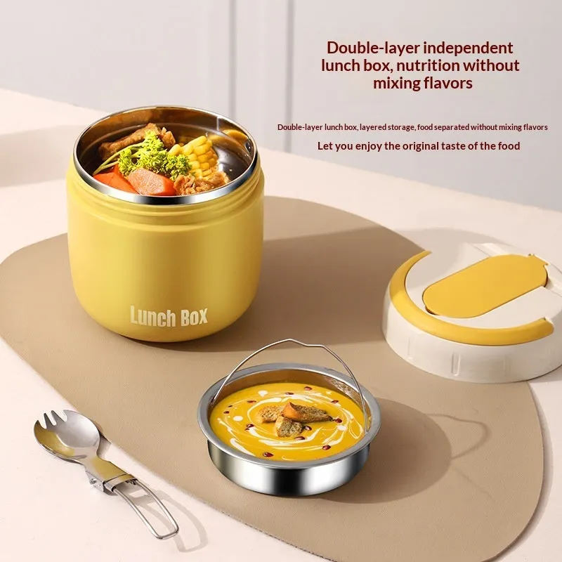 304 Stainless Steel Insulated Lunch Box 1.3L round shape in Beige with lid and insulated bag