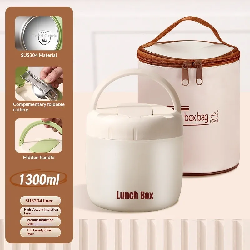 304 Stainless Steel Insulated Lunch Box 1.3L round shape in Beige with lid and insulated bag