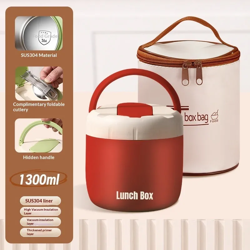 304 Stainless Steel Insulated Lunch Box 1.3L round shape in Beige with lid and insulated bag