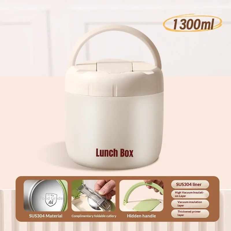 304 Stainless Steel Insulated Lunch Box 1.3L round shape in Beige with lid and insulated bag
