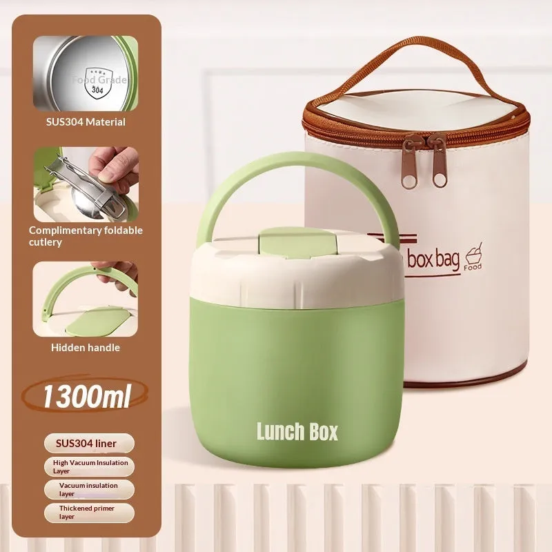 304 Stainless Steel Insulated Lunch Box 1.3L round shape in Beige with lid and insulated bag
