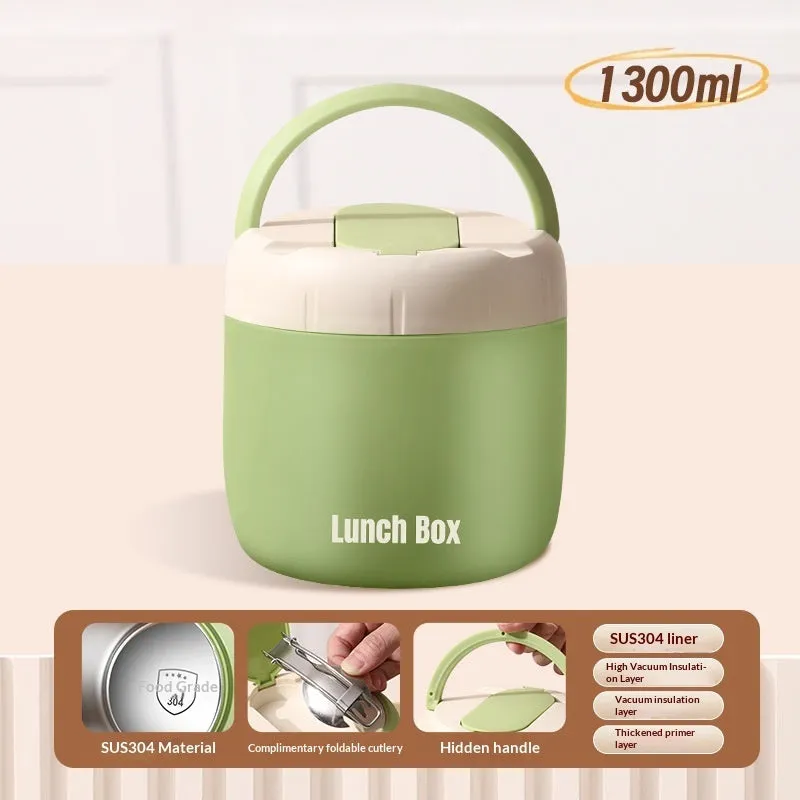 304 Stainless Steel Insulated Lunch Box 1.3L round shape in Beige with lid and insulated bag