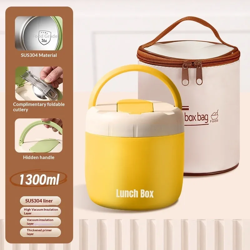 304 Stainless Steel Insulated Lunch Box 1.3L round shape in Beige with lid and insulated bag