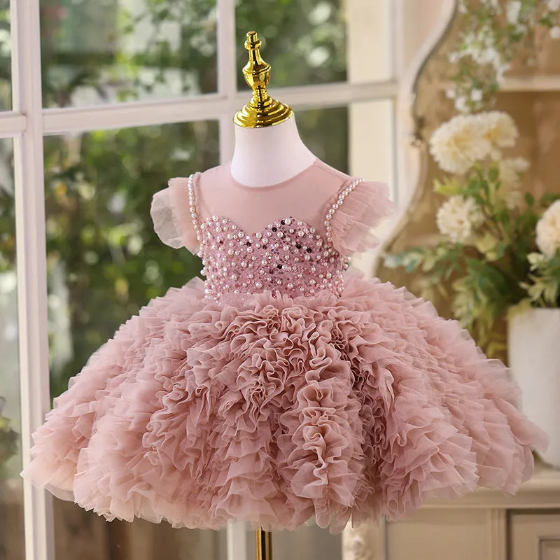 Girls summer princess pettiskirt in bean pink with layered tutu skirt for weddings and parties