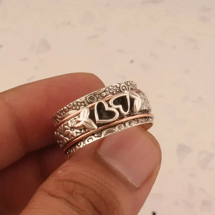 Silver women's personality love wide noodle ring on white background, size option visible