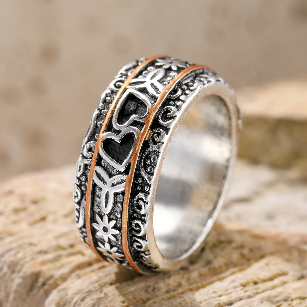 Silver women's personality love wide noodle ring on white background, size option visible