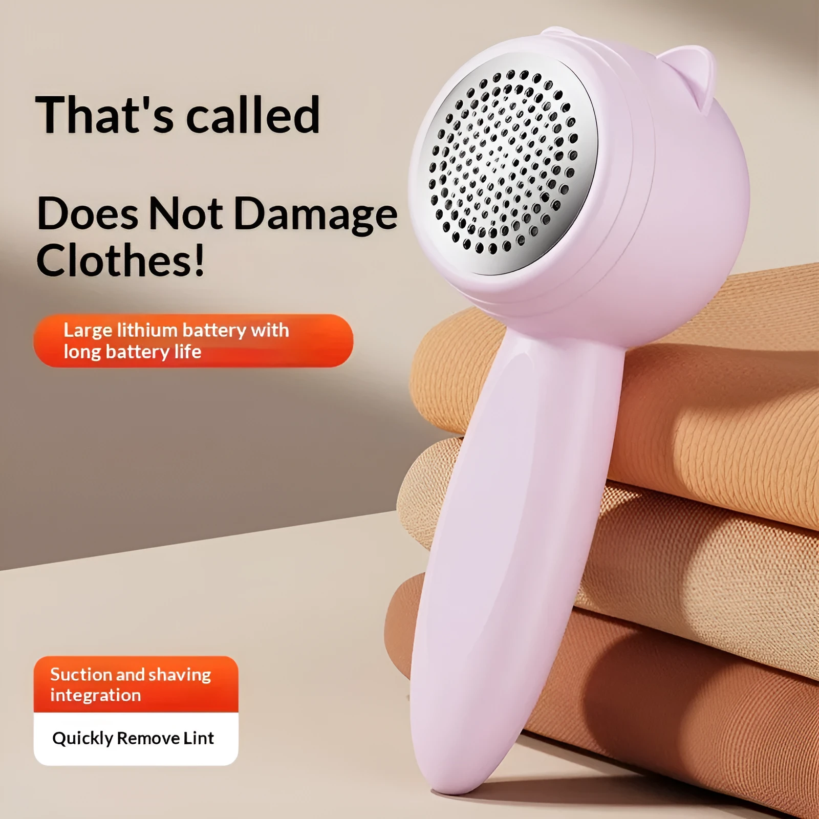 Small cat portable rechargeable hair remover in cream colour for removing lint and pet hair from clothes