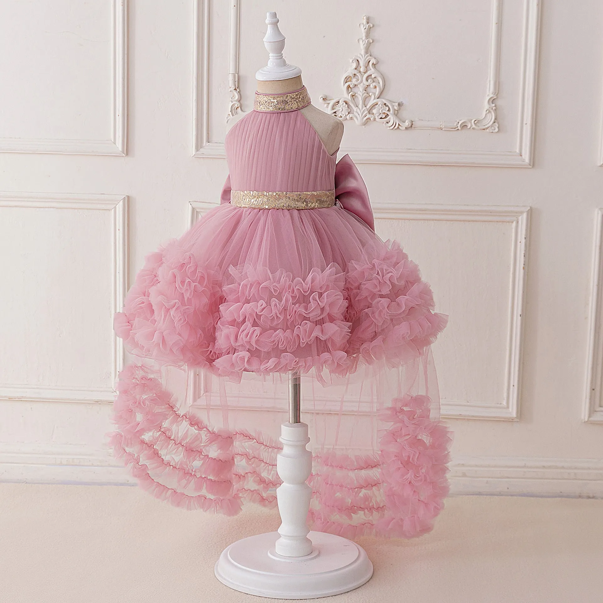 Girls light luxury mesh pleated pettiskirt with removable train in avocado green, polyester fiber, sizes 70-110cm