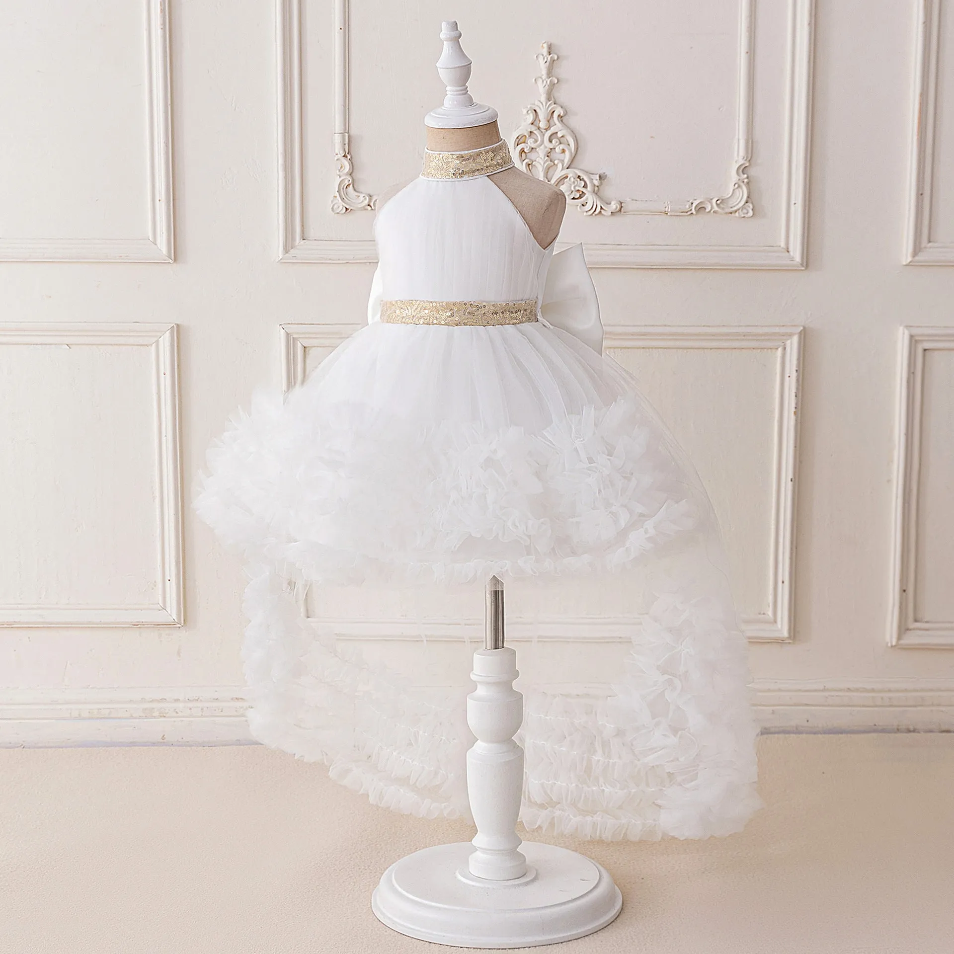 Girls light luxury mesh pleated pettiskirt with removable train in avocado green, polyester fiber, sizes 70-110cm