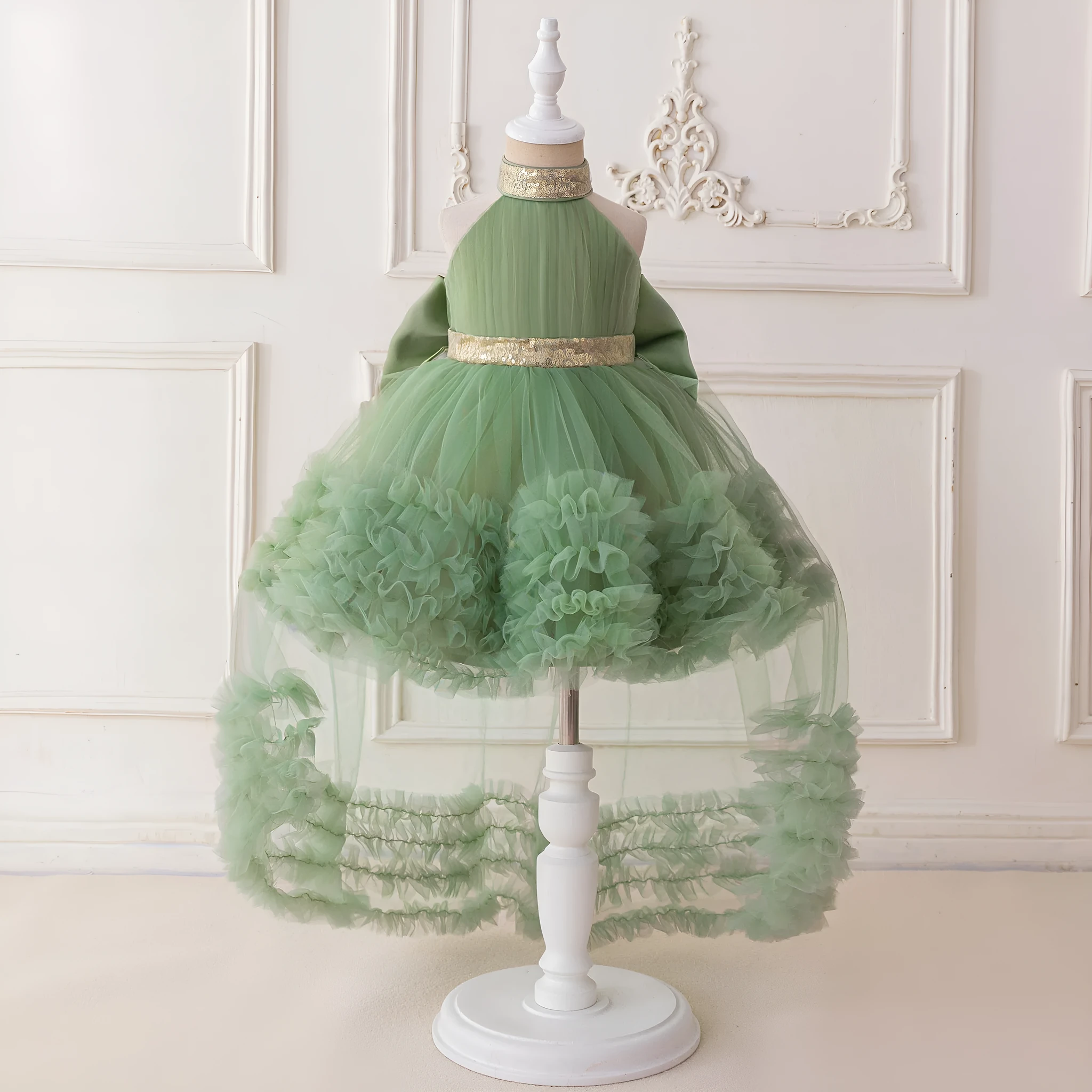 Girls light luxury mesh pleated pettiskirt with removable train in avocado green, polyester fiber, sizes 70-110cm