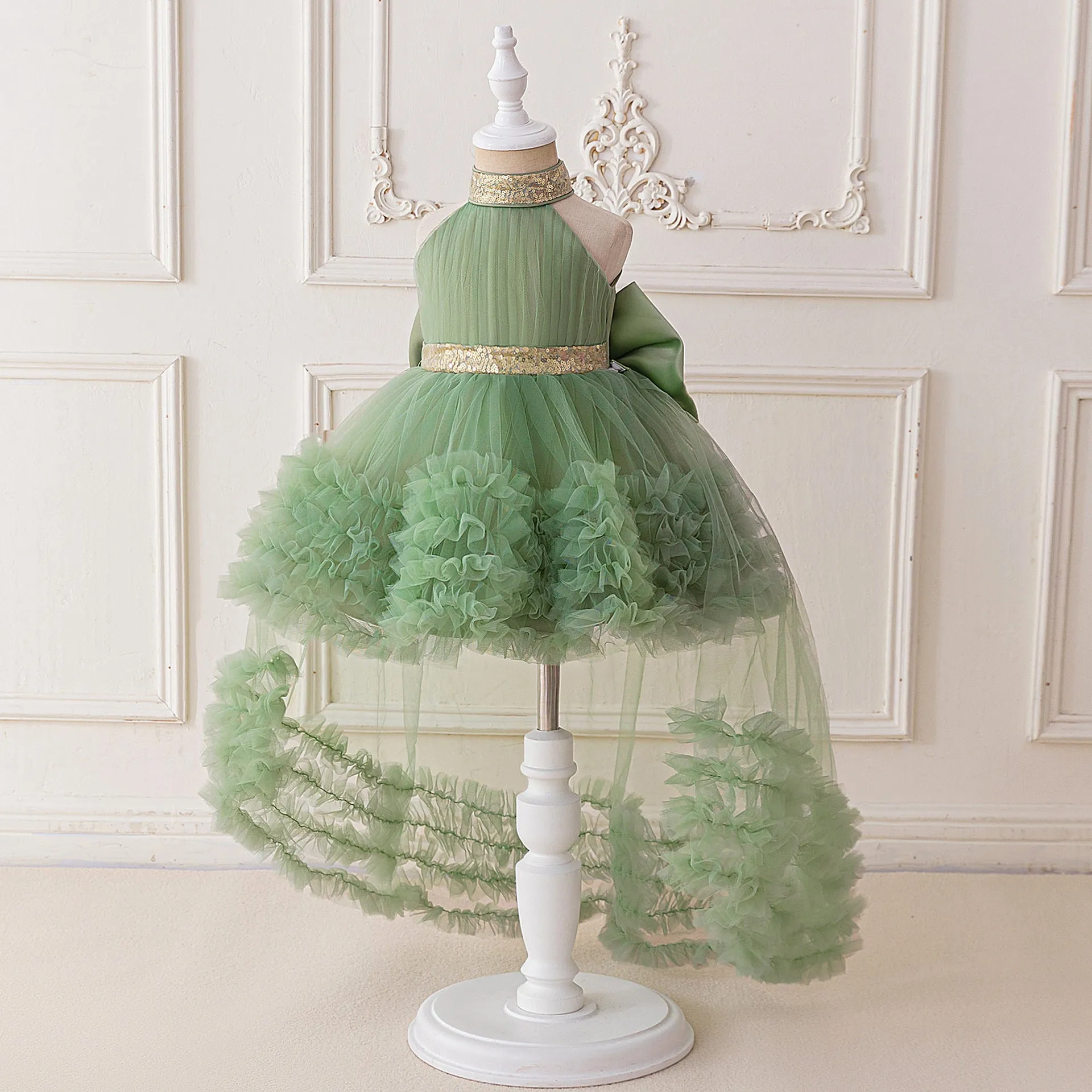 Girls light luxury mesh pleated pettiskirt with removable train in avocado green, polyester fiber, sizes 70-110cm