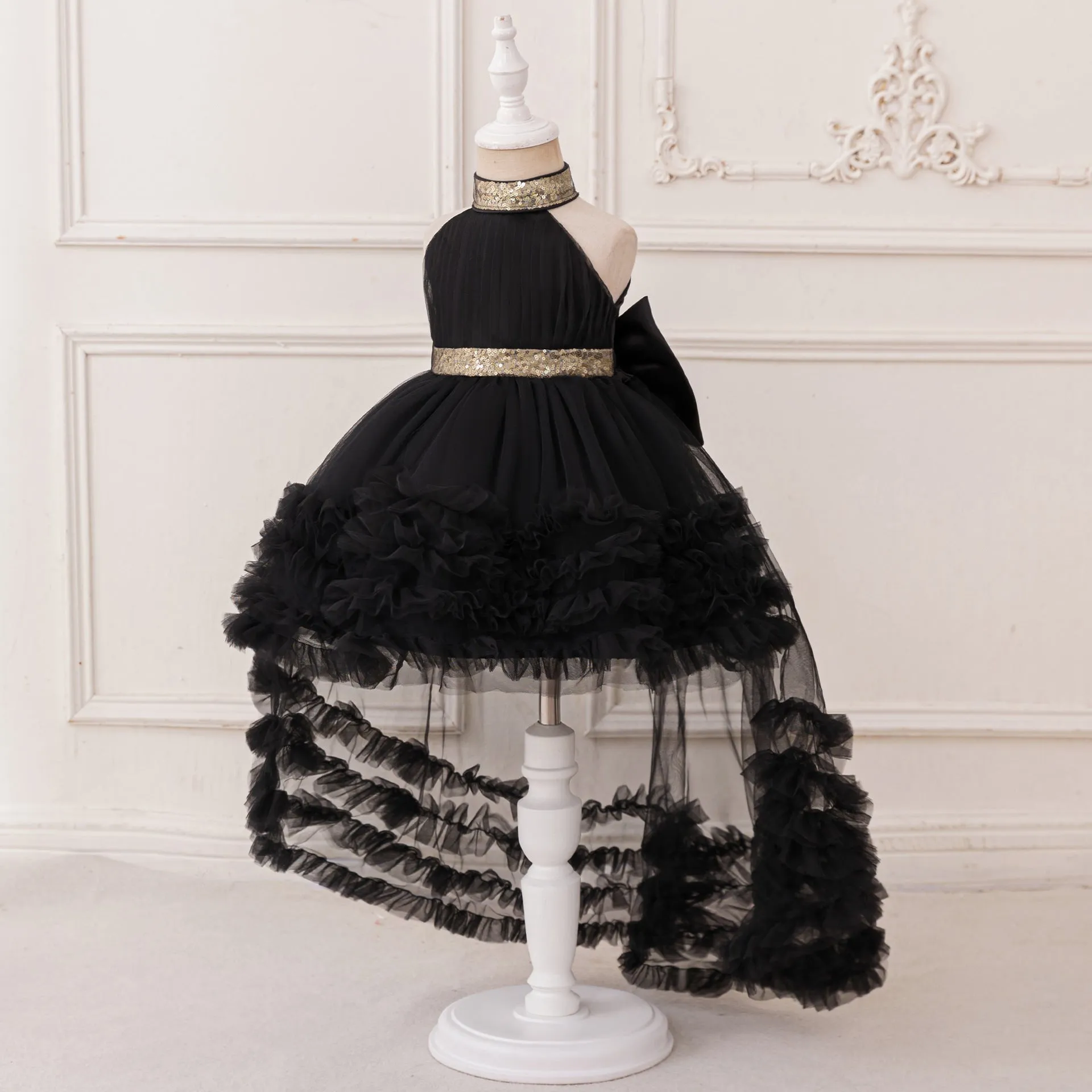 Girls light luxury mesh pleated pettiskirt with removable train in avocado green, polyester fiber, sizes 70-110cm