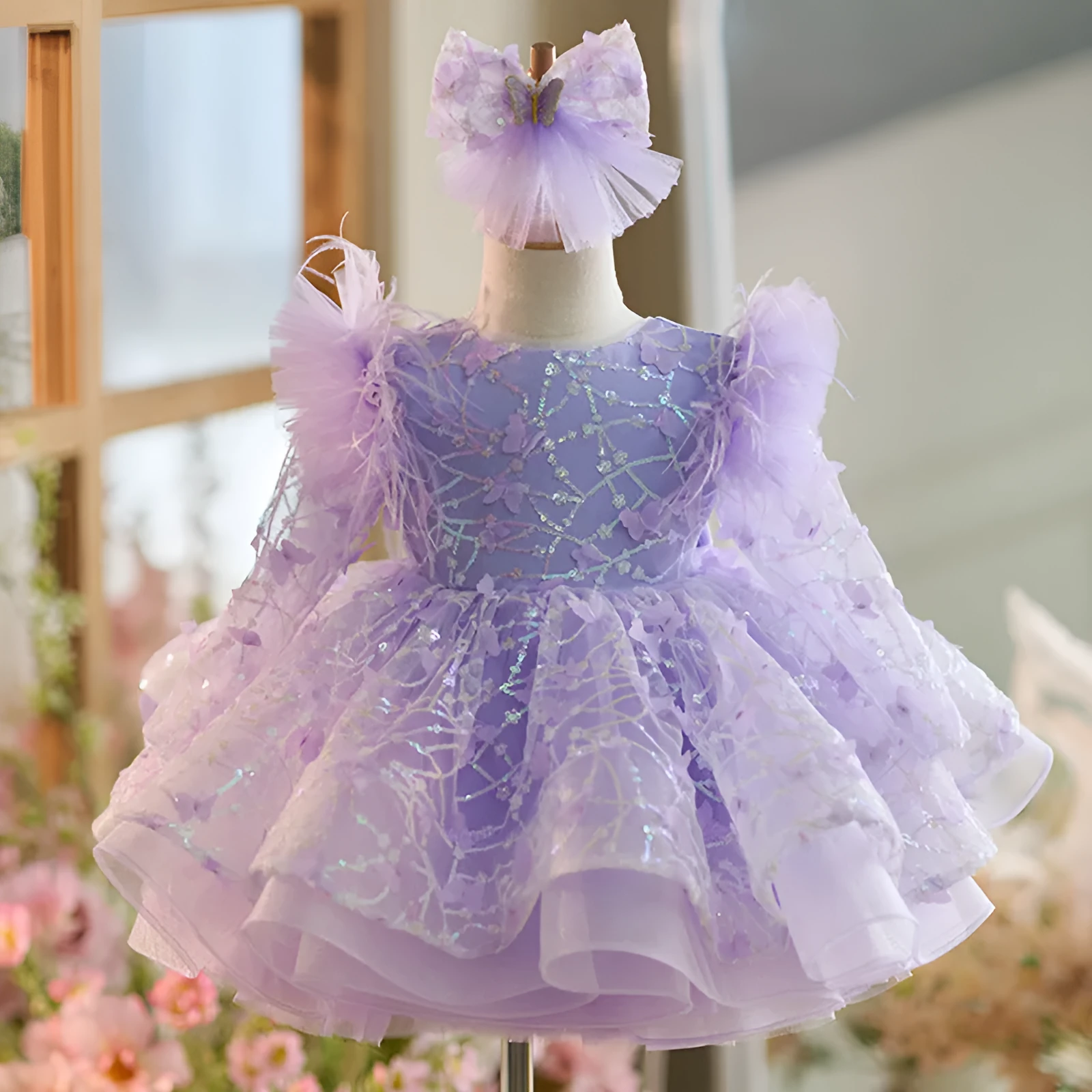 Butterfly sequined long sleeve princess dress for children in dreamy purple colour