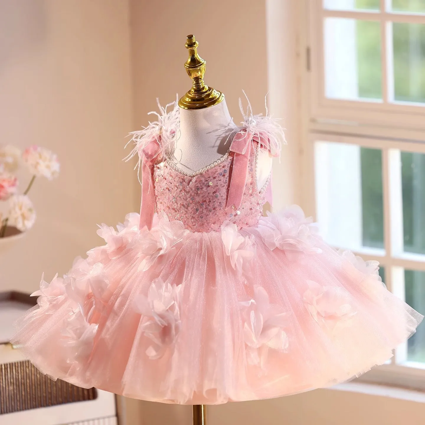 Pink polyester girls' princess dress for piano recital, suitable for height 80-150cm