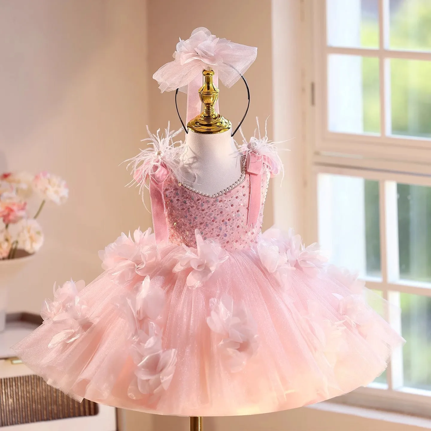 Pink polyester girls' princess dress for piano recital, suitable for height 80-150cm