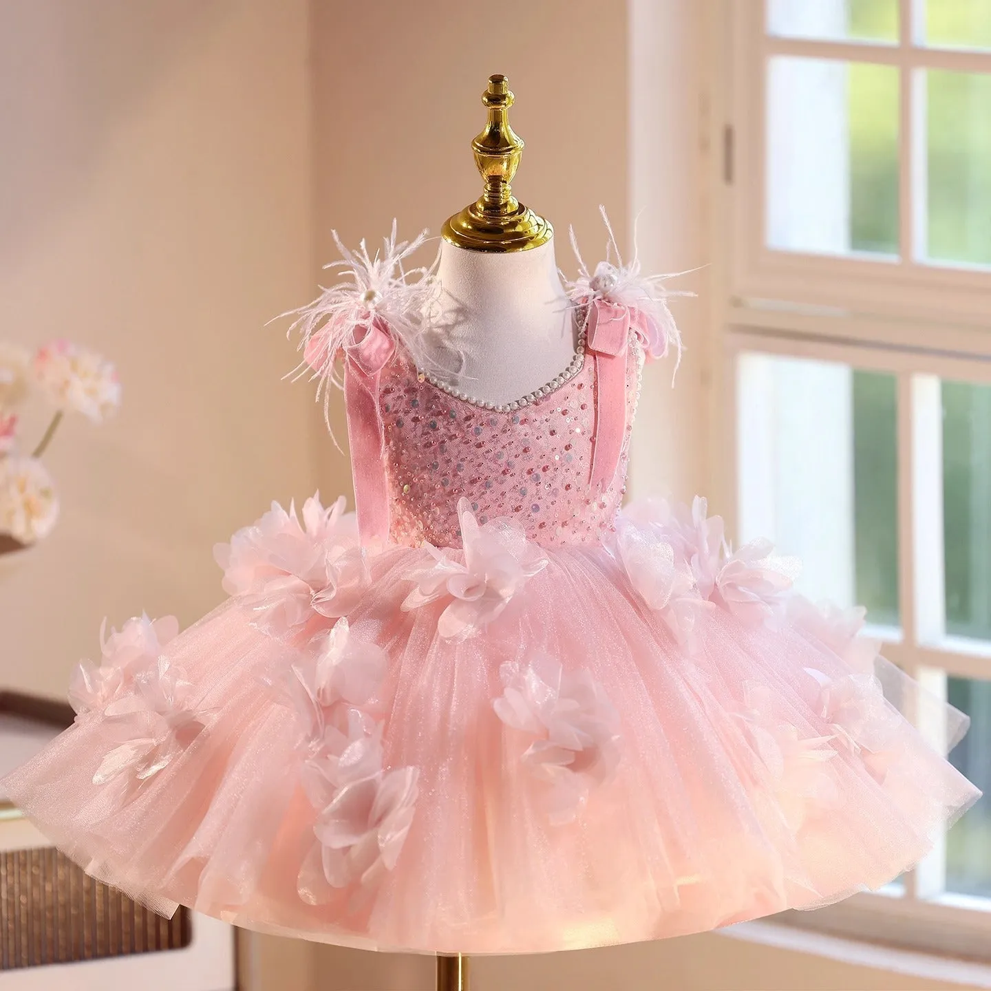 Pink polyester girls' princess dress for piano recital, suitable for height 80-150cm