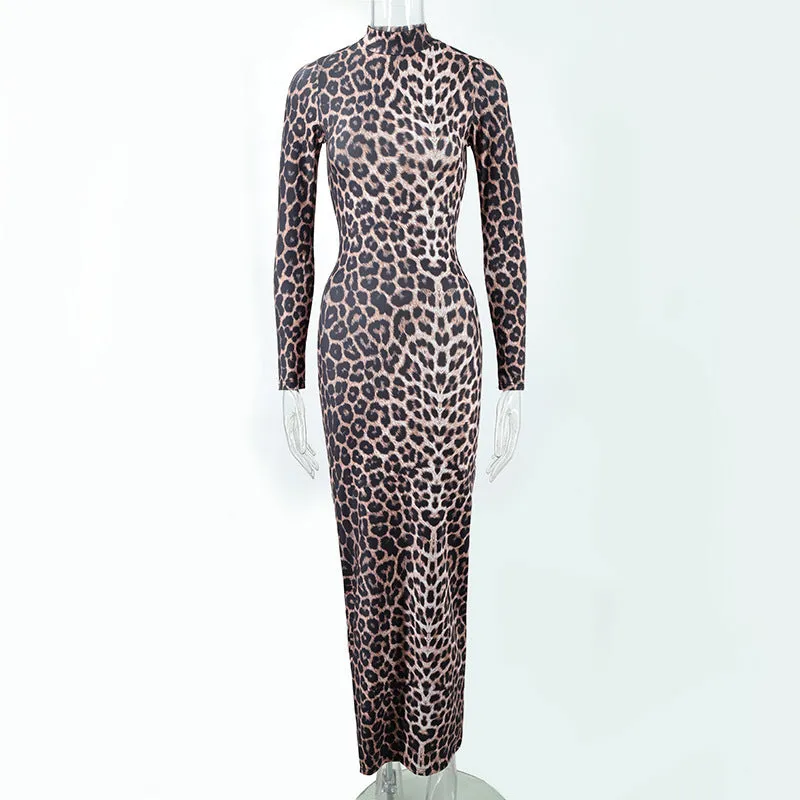 Leopard print women's dress with stand collar, long sleeves, and high waist hip skirt design