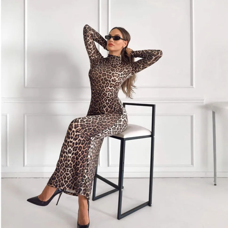 Leopard print women's dress with stand collar, long sleeves, and high waist hip skirt design