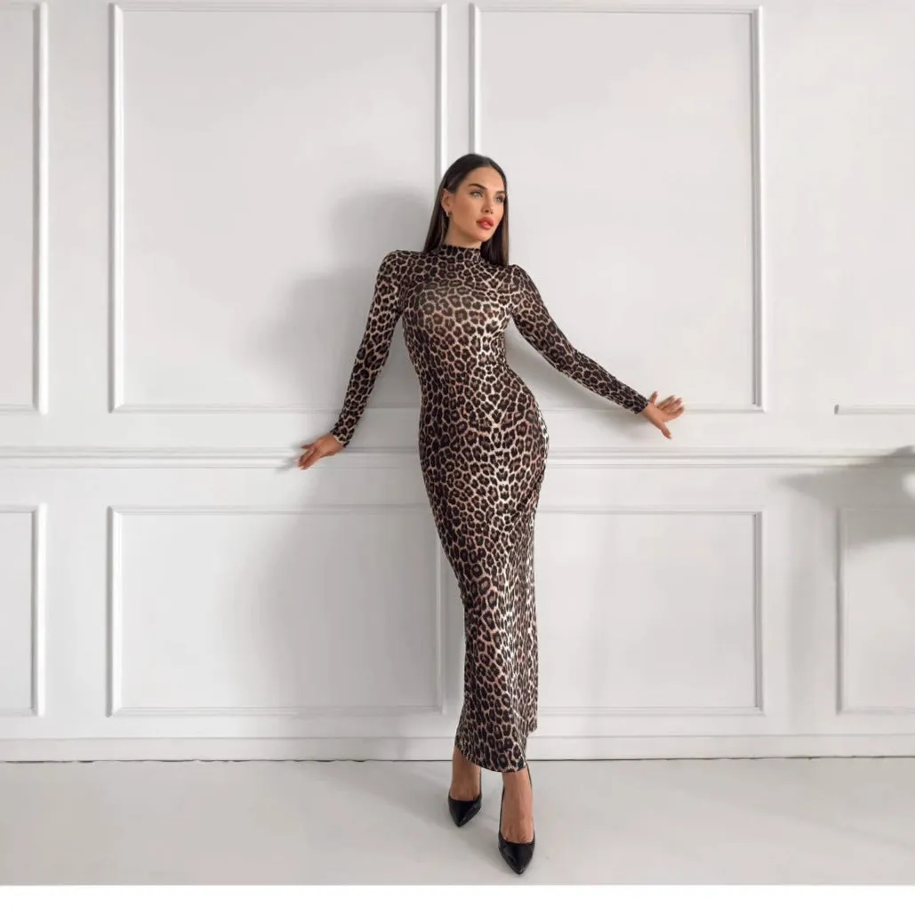 Leopard print women's dress with stand collar, long sleeves, and high waist hip skirt design