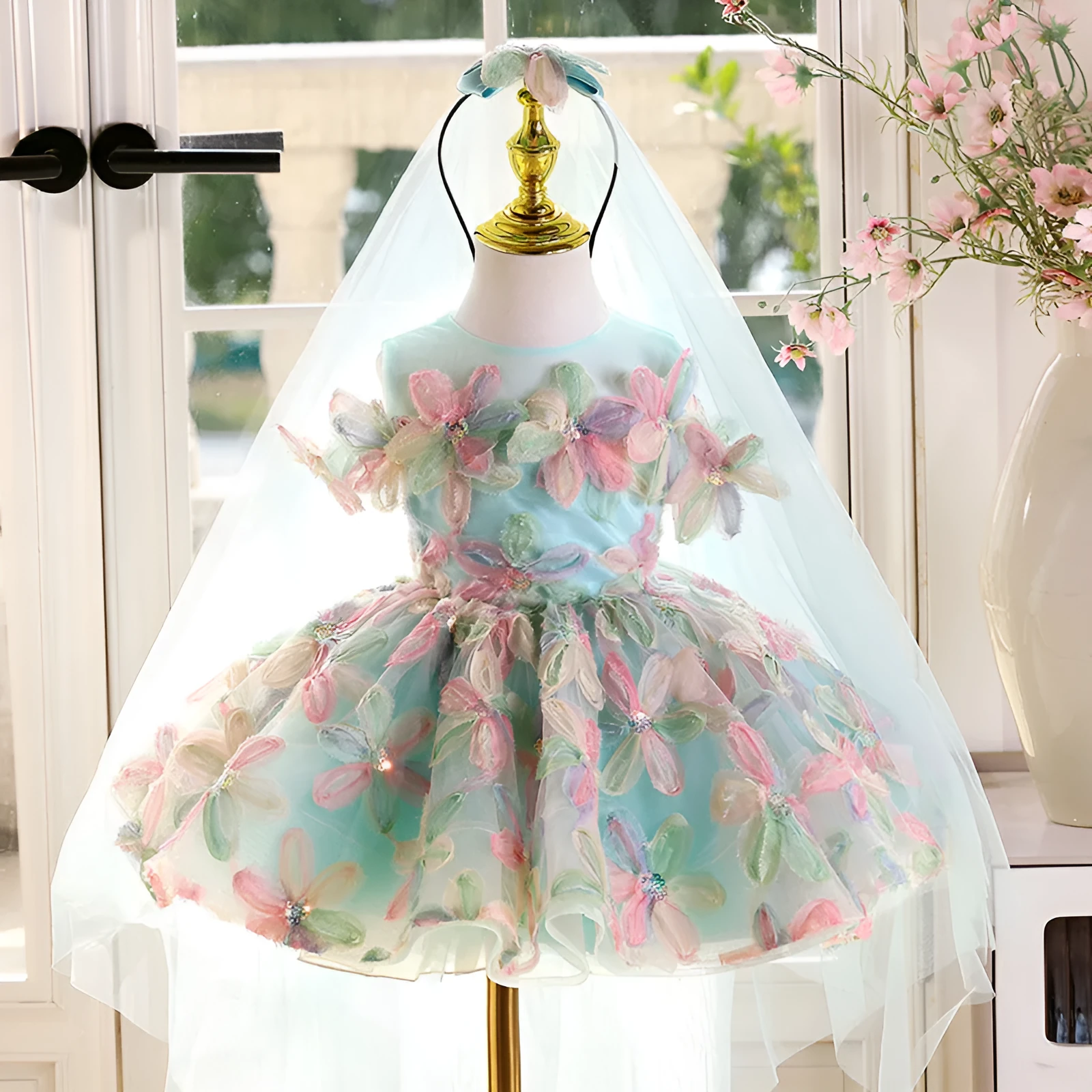 Blue green children's polyester princess dress for piano performances with no-liner skirt, available in sizes 80-160cm