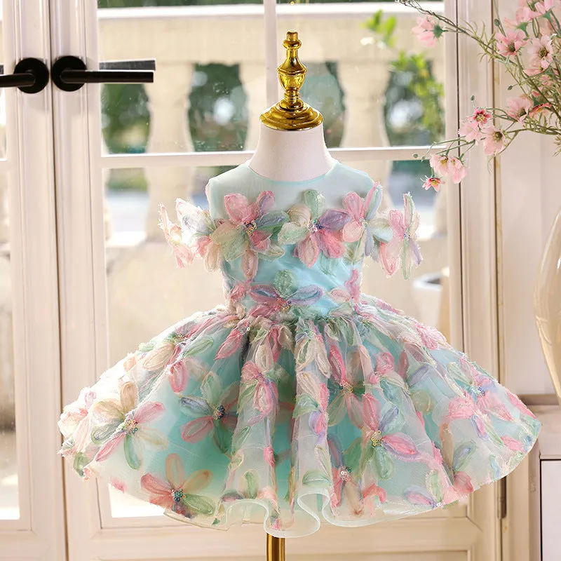 Blue green children's polyester princess dress for piano performances with no-liner skirt, available in sizes 80-160cm