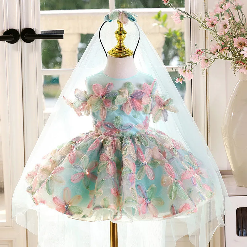Blue green children's polyester princess dress for piano performances with no-liner skirt, available in sizes 80-160cm