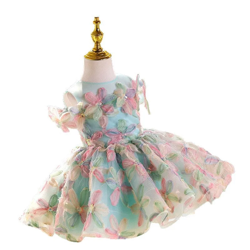 Blue green children's polyester princess dress for piano performances with no-liner skirt, available in sizes 80-160cm