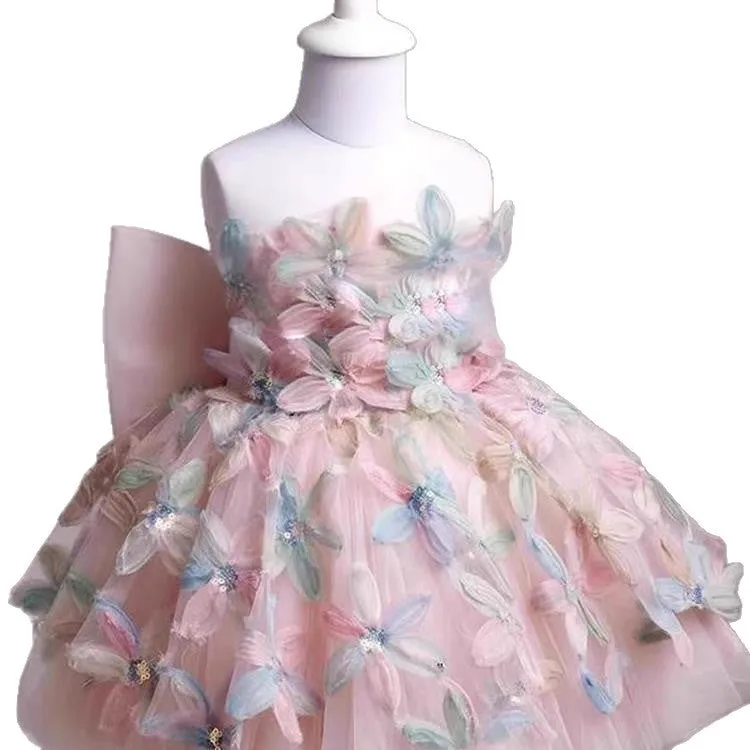 Children's full dress light luxury minority high-end princess style polyester fibre, blue one shoulder, suitable height 80-130cm