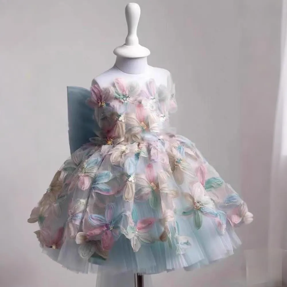 Children's full dress light luxury minority high-end princess style polyester fibre, blue one shoulder, suitable height 80-130cm