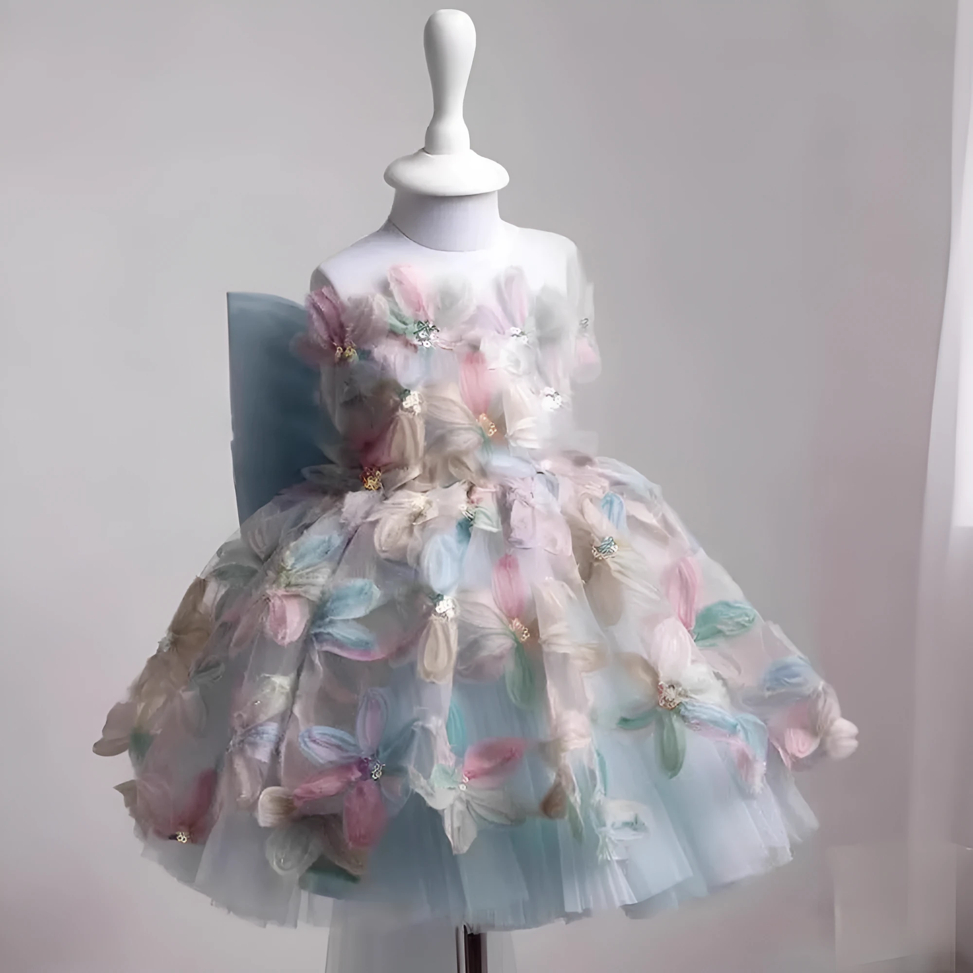 Children's full dress light luxury minority high-end princess style polyester fibre, blue one shoulder, suitable height 80-130cm