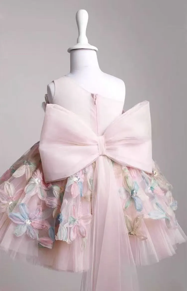 Children's full dress light luxury minority high-end princess style polyester fibre, blue one shoulder, suitable height 80-130cm