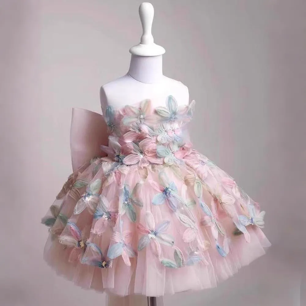 Children's full dress light luxury minority high-end princess style polyester fibre, blue one shoulder, suitable height 80-130cm