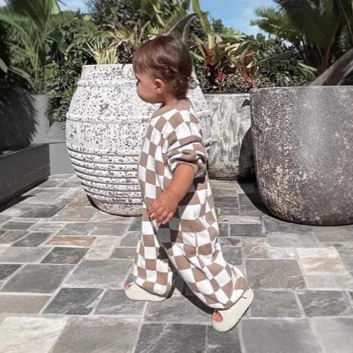 Baby cotton crawler suit long sleeve short climb style in light brown grid neutral design spring autumn