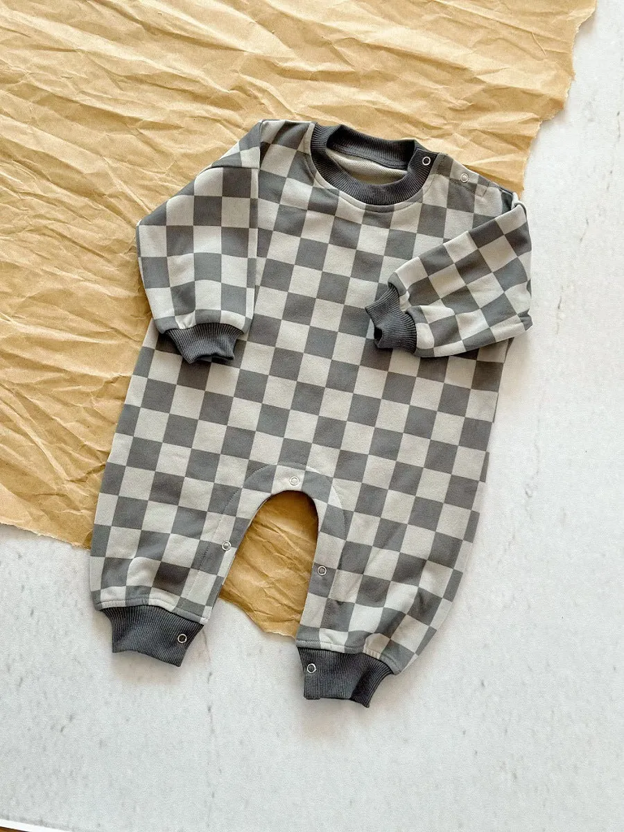 Baby cotton crawler suit long sleeve short climb style in light brown grid neutral design spring autumn