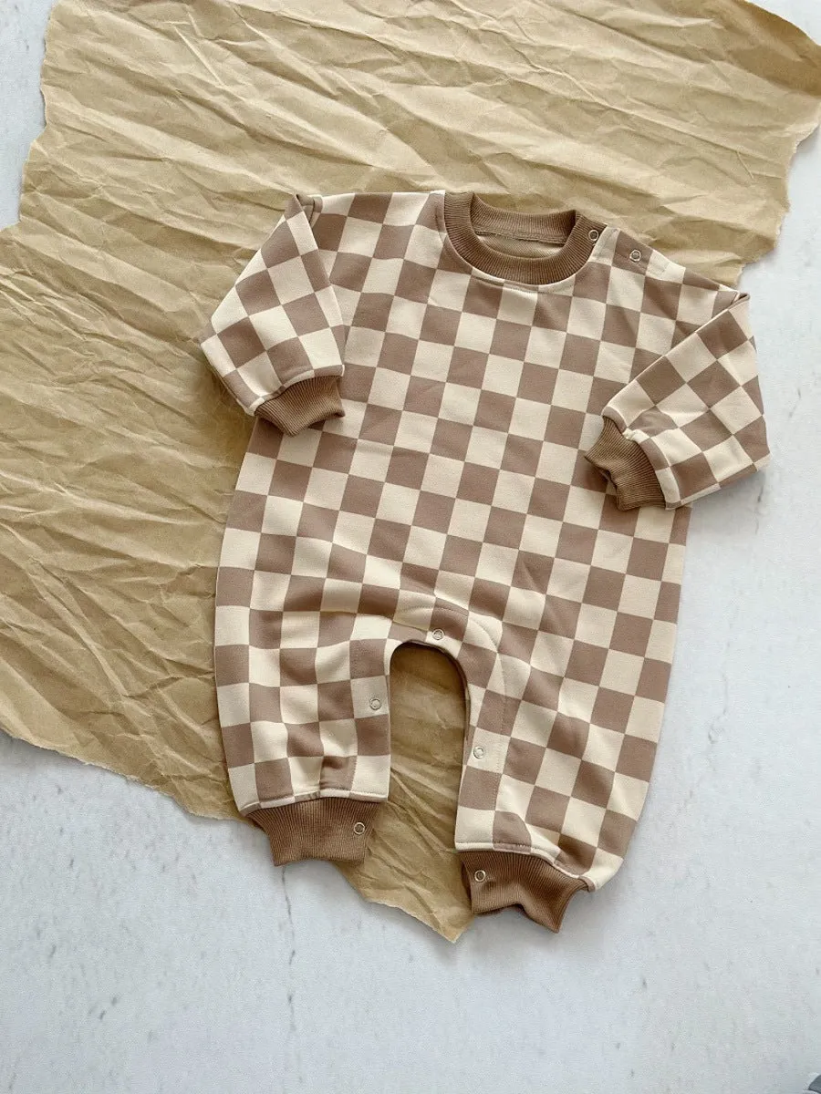 Baby cotton crawler suit long sleeve short climb style in light brown grid neutral design spring autumn