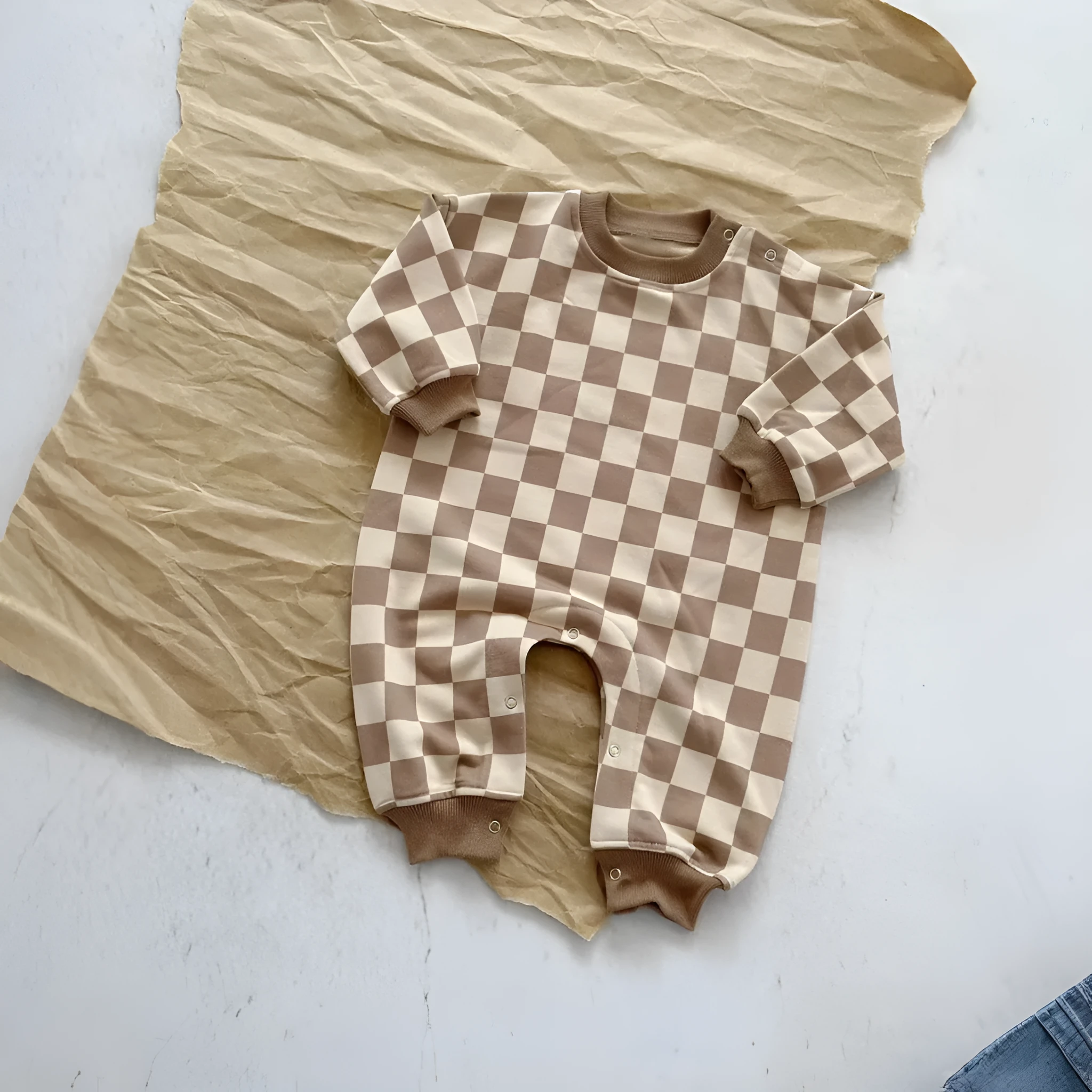 Baby cotton crawler suit long sleeve short climb style in light brown grid neutral design spring autumn
